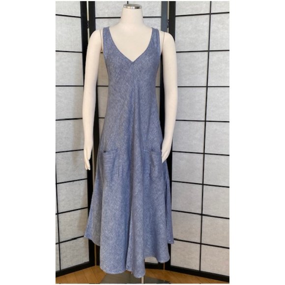 CP Shades Cove Blue Linen Sleeveless V Neck Maxi Dress - Size Small - Picture 2 of 15